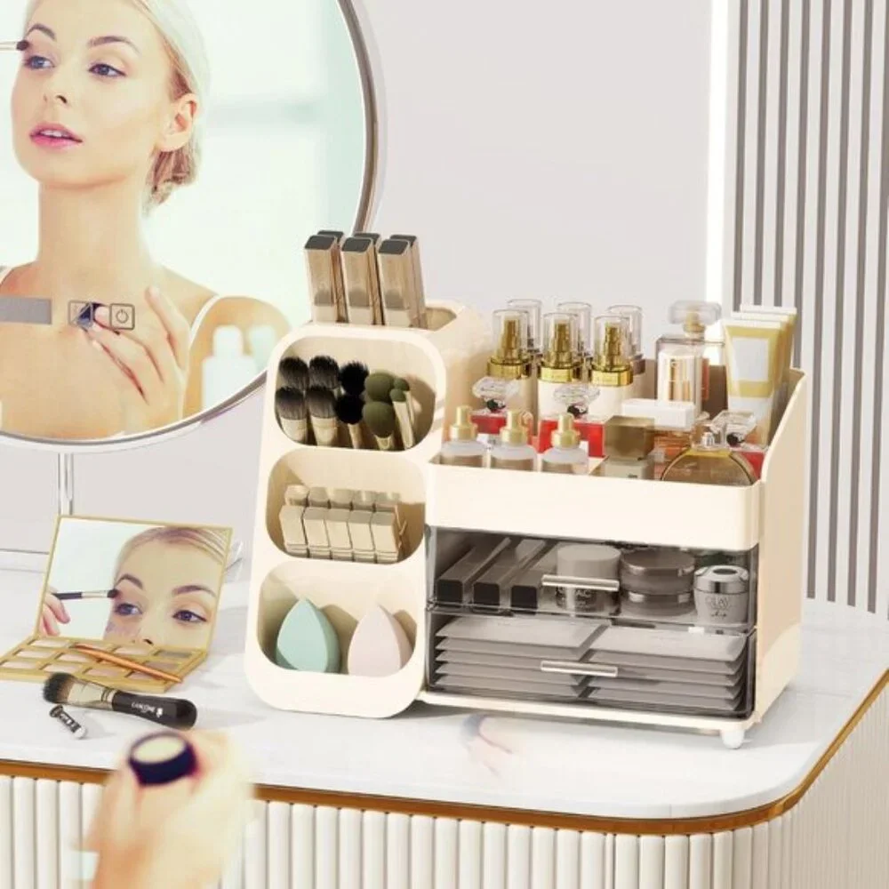 New Large Makeup Organizer, Cream Vanity Storage with Drawers & Brush Holder